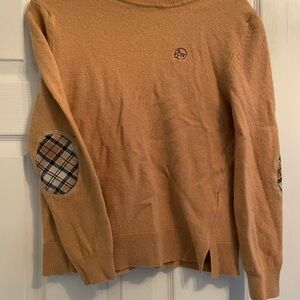 Barbour Camel Crewneck Sweater with Plaid Elbow Patches